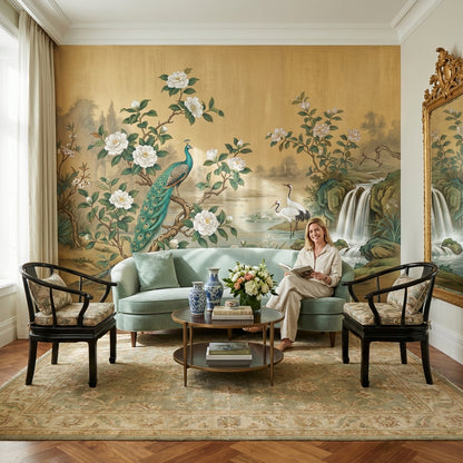 Peacock Wallpaper Cranes Waterfall Wall Mural