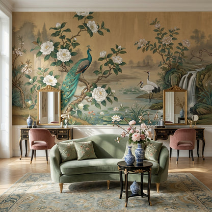 Peacock Wallpaper Cranes Waterfall Wall Mural