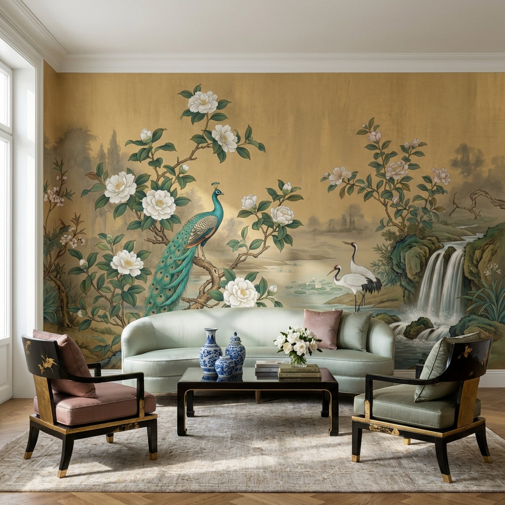 Peacock Wallpaper Cranes Waterfall Wall Mural