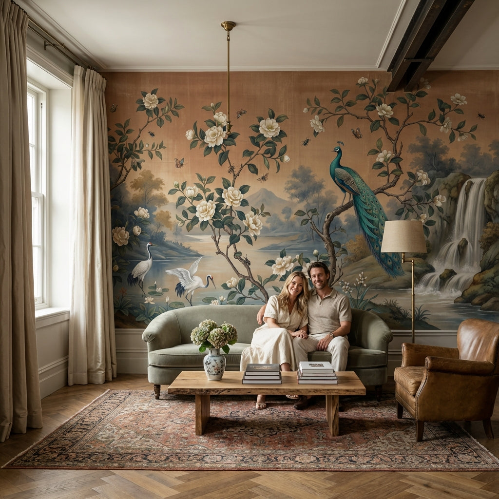 Peacock Wallpaper Floral Waterfall Removable Wall Decor