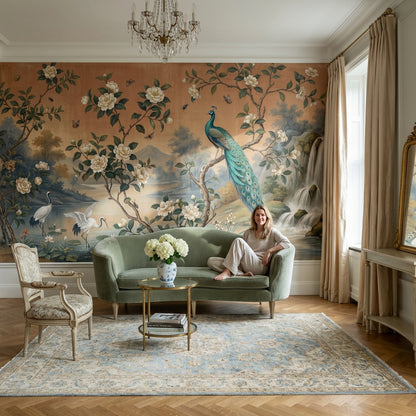 Peacock Wallpaper Floral Waterfall Removable Wall Decor