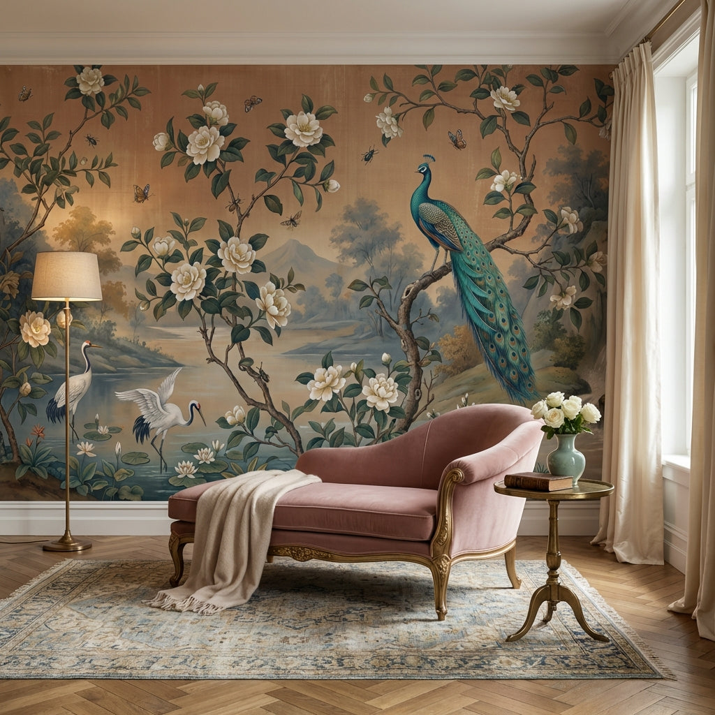 Peacock Wallpaper Floral Waterfall Removable Wall Decor