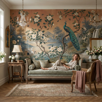 Peacock Wallpaper Floral Waterfall Removable Wall Decor