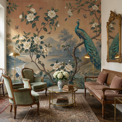Peacock Wallpaper Floral Waterfall Removable Wall Decor