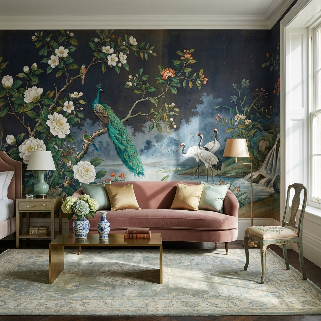 Peacock Wallpaper Cranes Waterfall Wall Mural