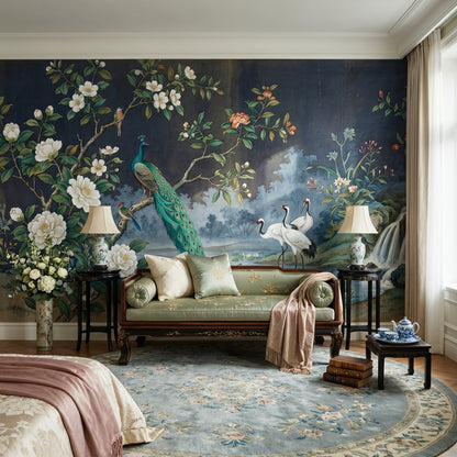 Peacock Wallpaper Cranes Waterfall Wall Mural