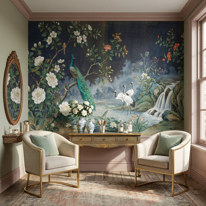 Peacock Wallpaper Cranes Waterfall Wall Mural