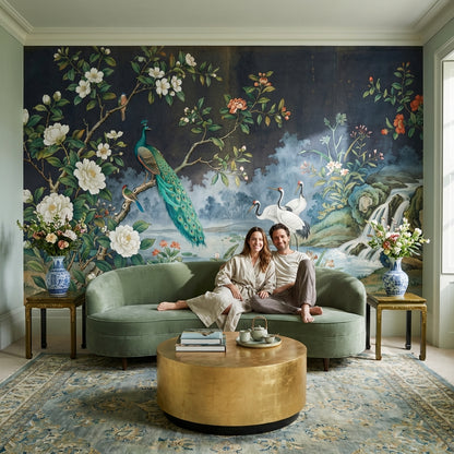 Peacock Wallpaper Cranes Waterfall Wall Mural