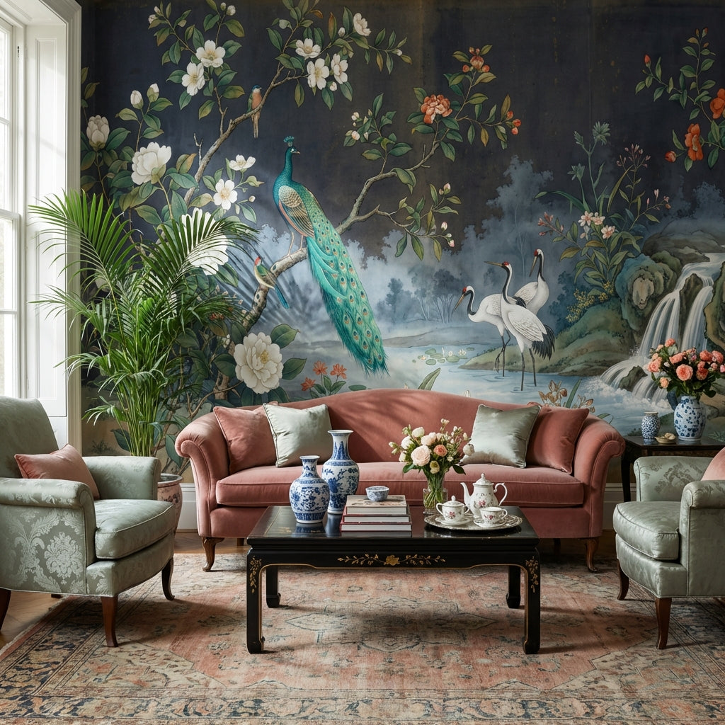 Peacock Wallpaper Cranes Waterfall Wall Mural
