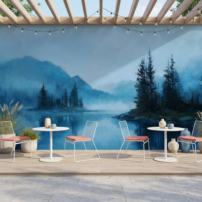Misty Lake Wallpaper Pine Trees Serene Wall Decor