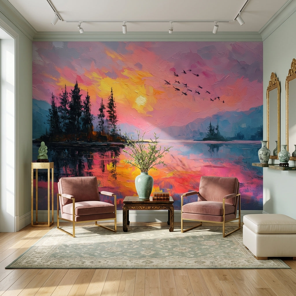 Sunset Wallpaper Lake Removable Trees Wall Mural