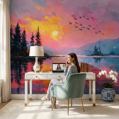 Sunset Wallpaper Lake Removable Trees Wall Mural