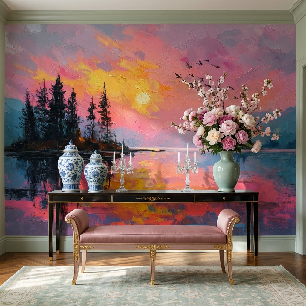 Sunset Wallpaper Lake Removable Trees Wall Mural