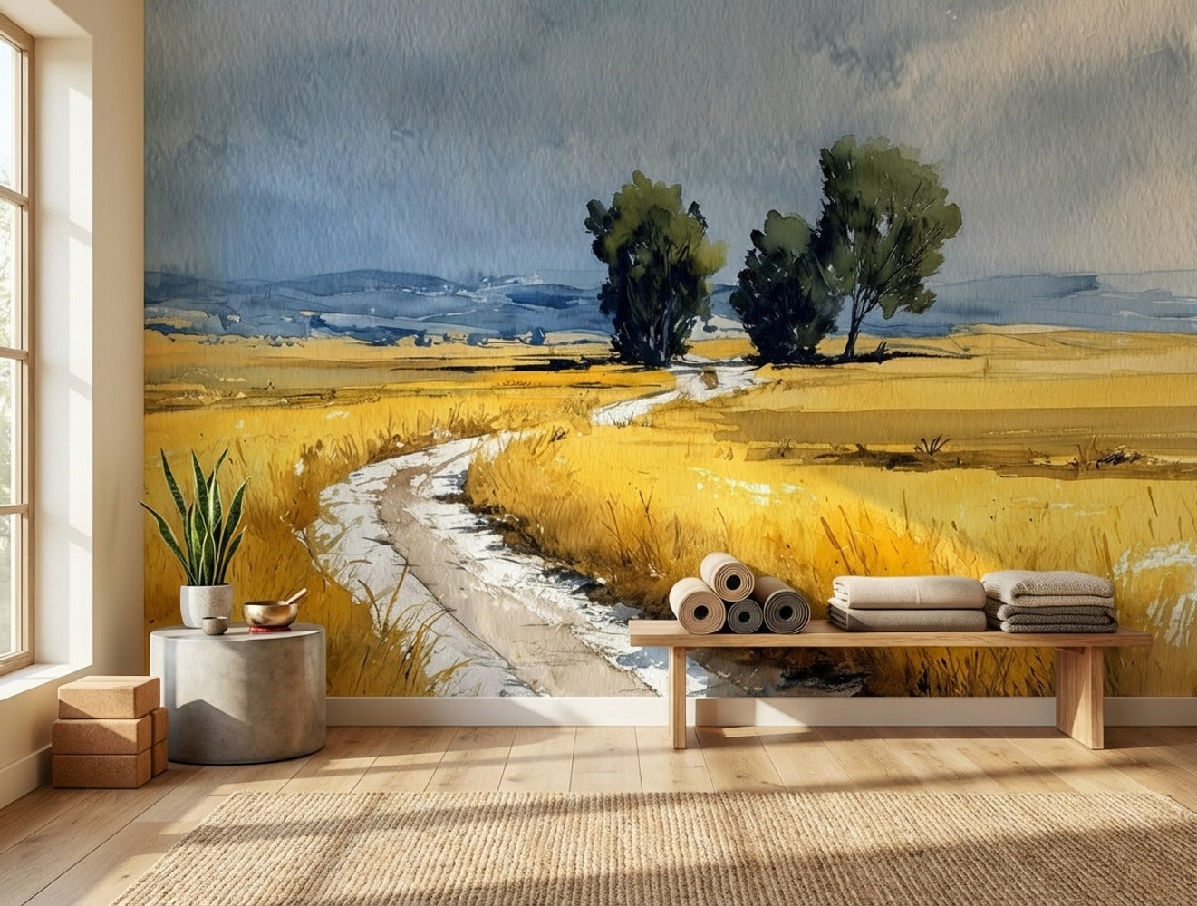 Cloudy Sky Wallpaper Trees Wheat Field Wall Mural