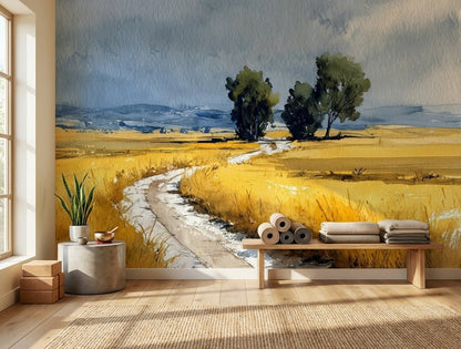 Cloudy Sky Wallpaper Trees Wheat Field Wall Mural
