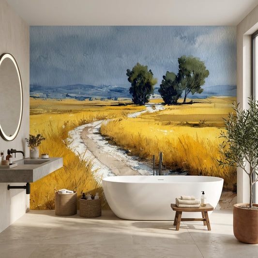 Cloudy Sky Wallpaper Trees Wheat Field Wall Mural