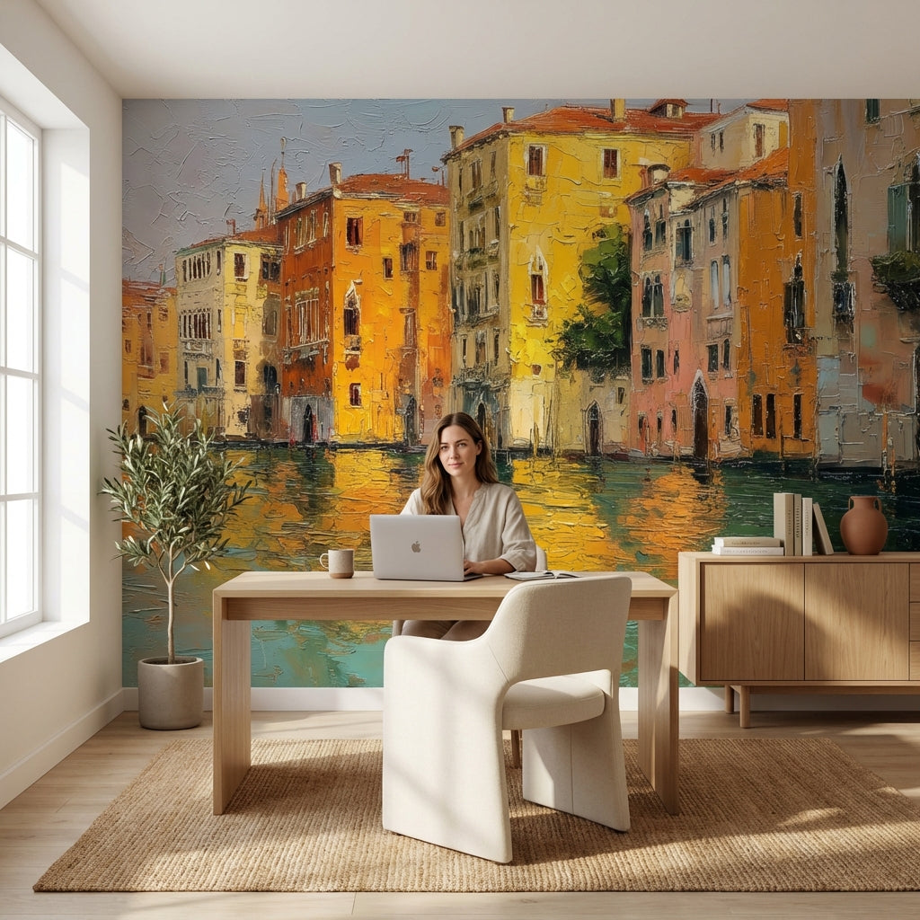 Cityscape Wallpaper Canal Reflection Wall Decor