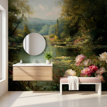 Serene Pond Wallpaper Nature Greenery Wall Mural