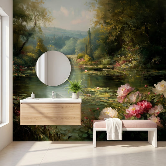 Serene Pond Wallpaper Nature Greenery Wall Mural