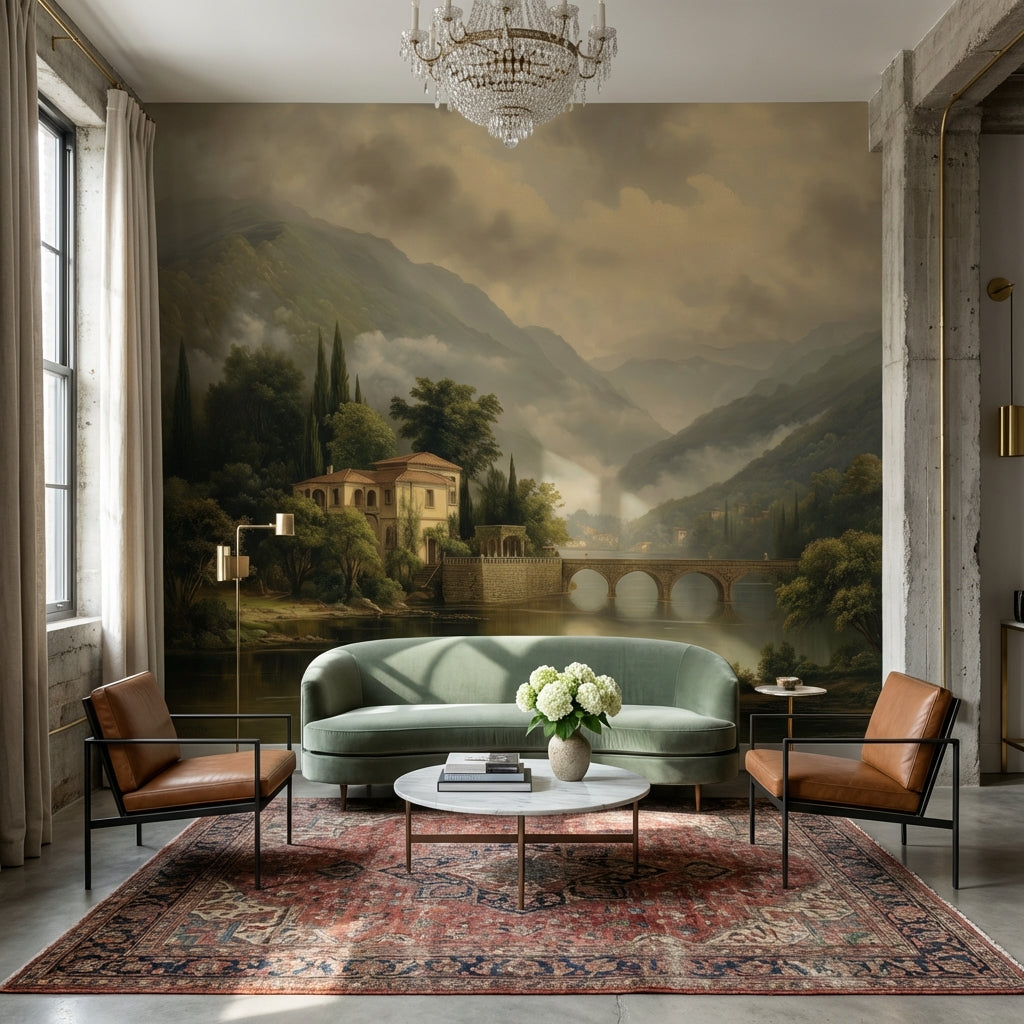 Traditional Villa Wallpaper Bridge Serene Wall Art