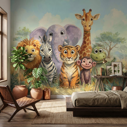 Playful Animals Wallpaper Savannah Cartoon Wall Mural