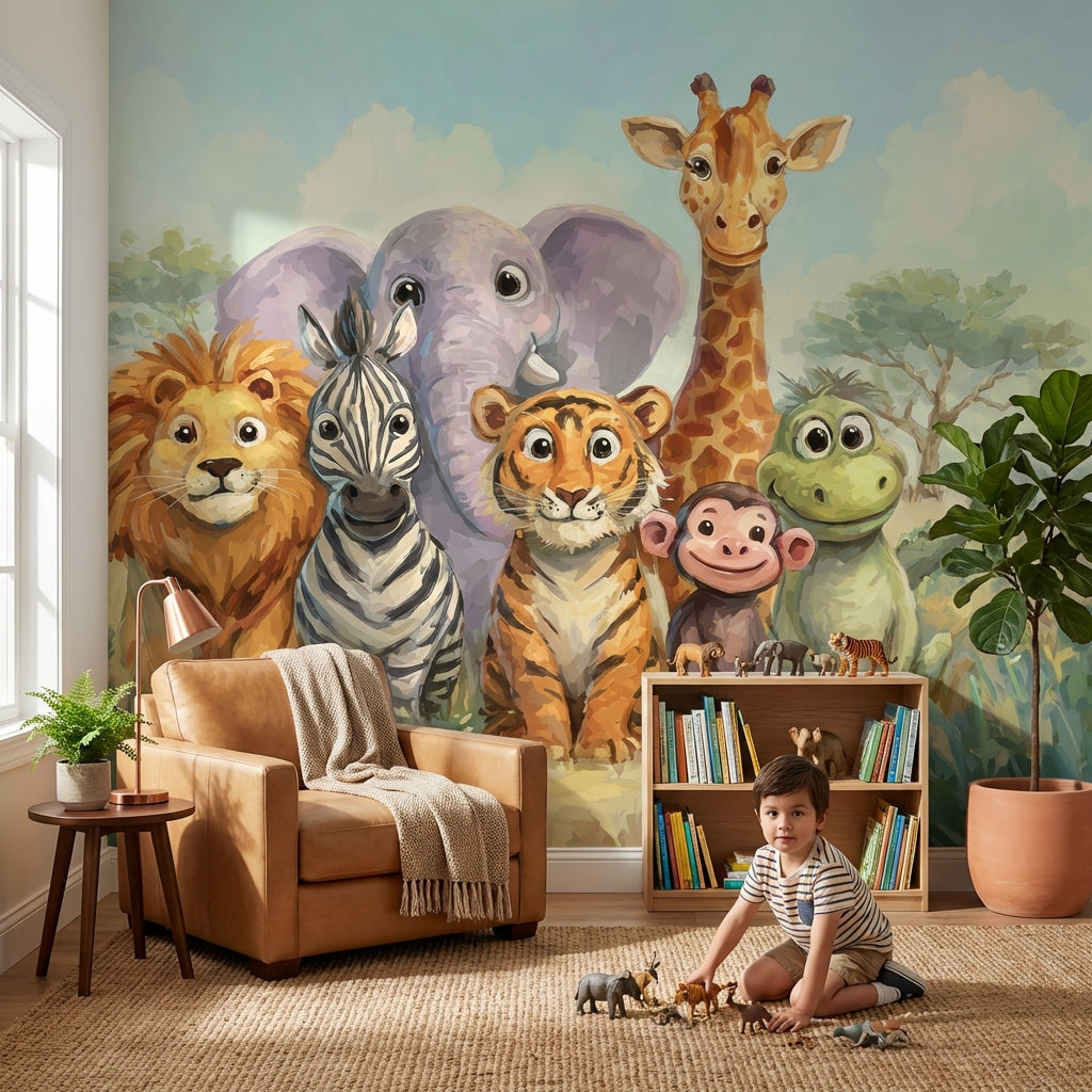 Playful Animals Wallpaper Savannah Cartoon Wall Mural