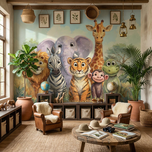 Playful Animals Wallpaper Savannah Cartoon Wall Mural