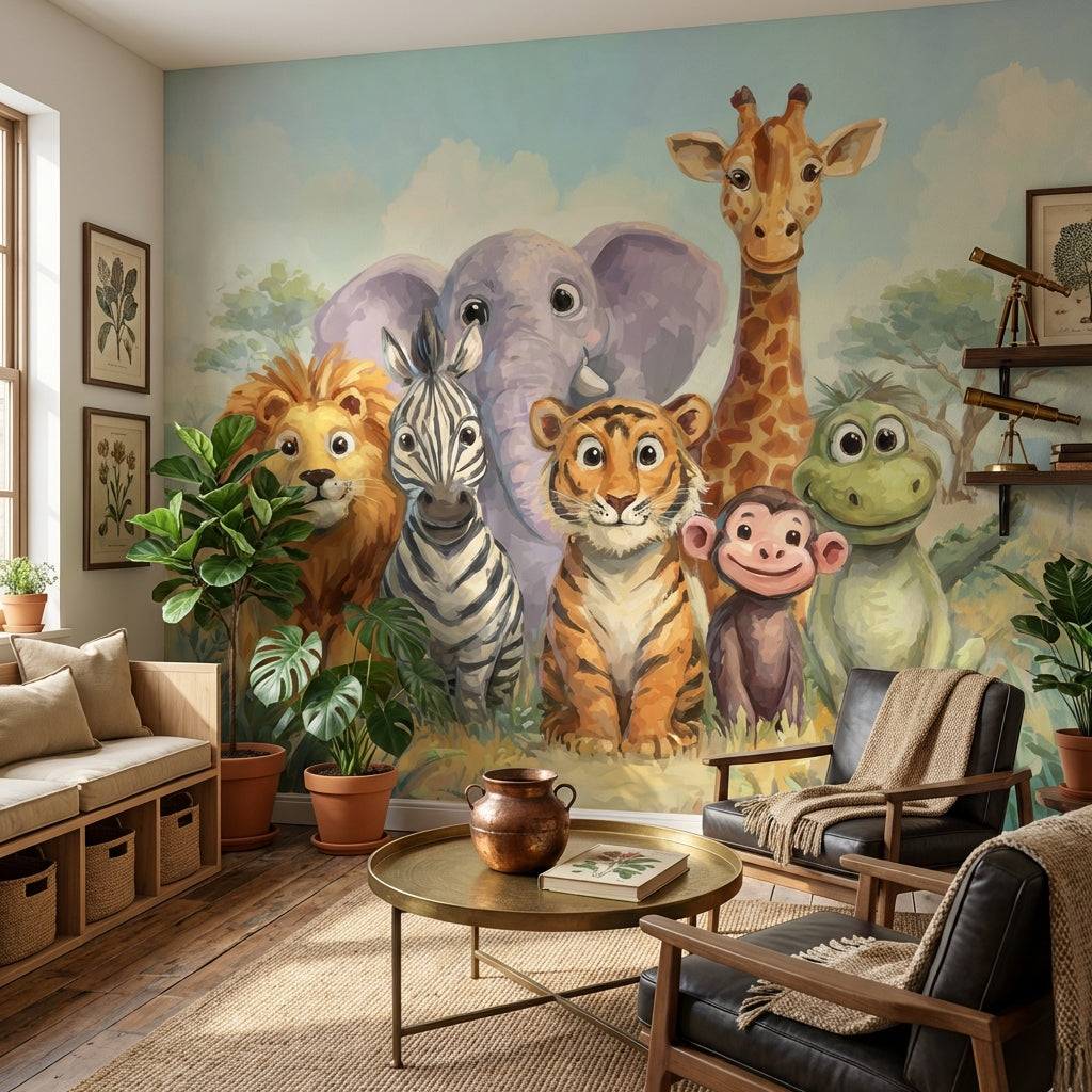 Playful Animals Wallpaper Savannah Cartoon Wall Mural