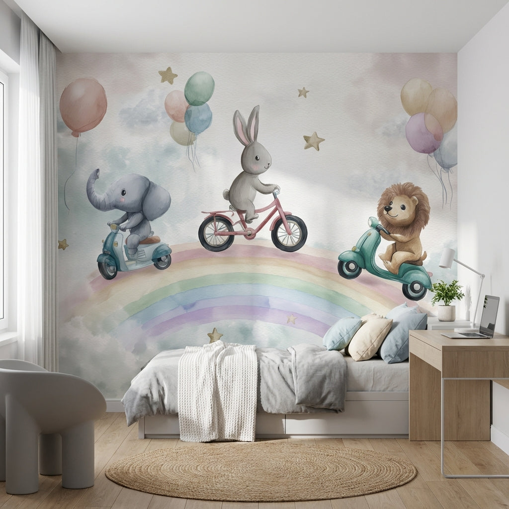 Whimsical Animals Wallpaper Rainbow Balloons Wall Mural
