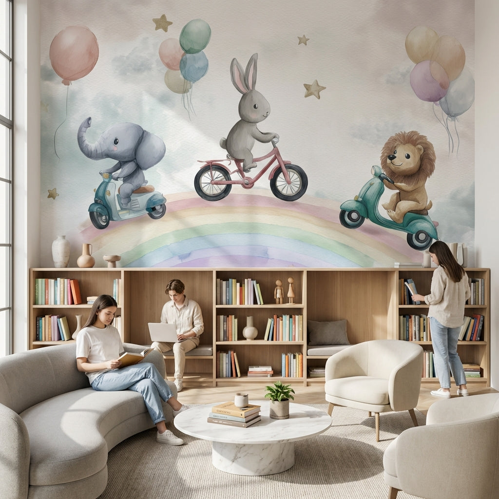 Whimsical Animals Wallpaper Rainbow Balloons Wall Mural