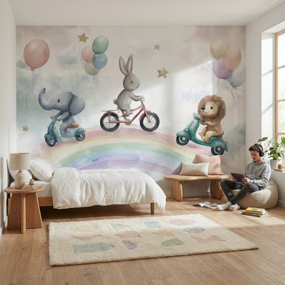 Whimsical Animals Wallpaper Rainbow Balloons Wall Mural