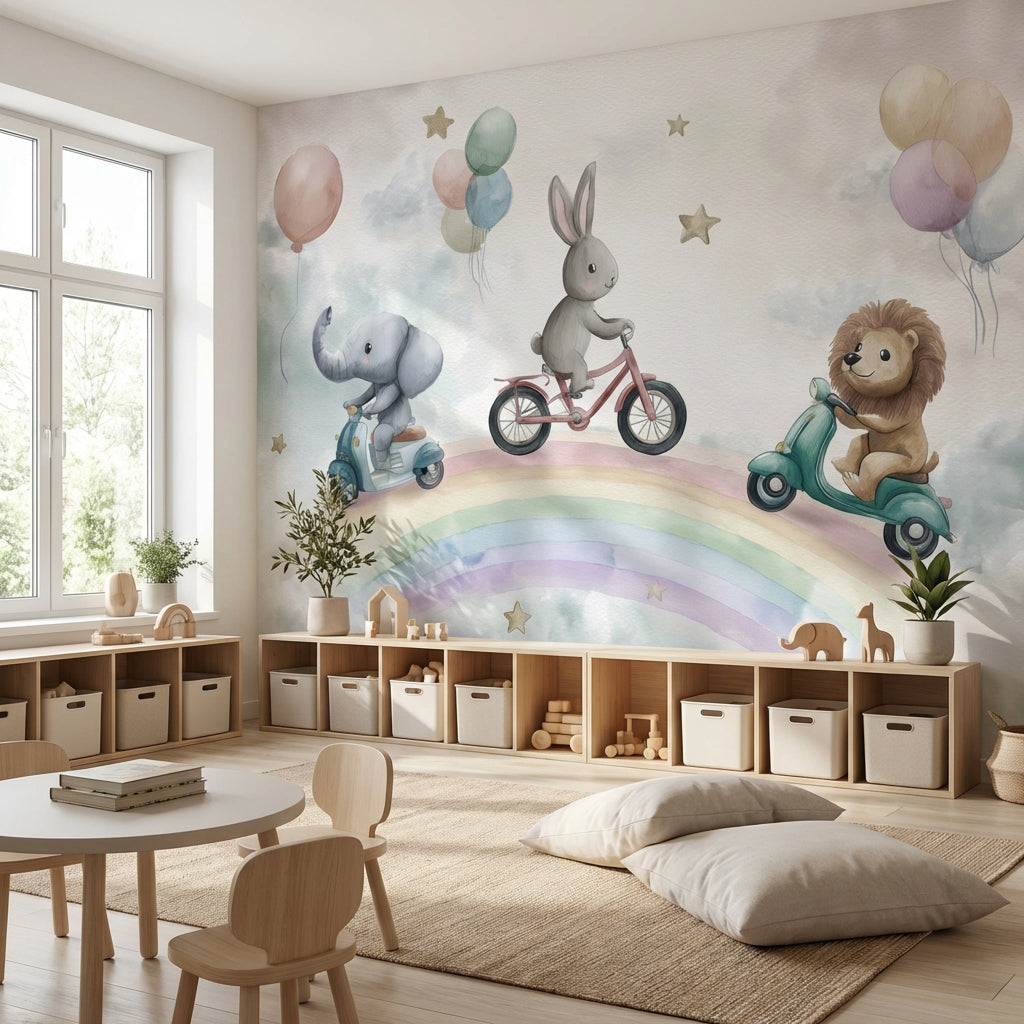 Whimsical Animals Wallpaper Rainbow Balloons Wall Mural