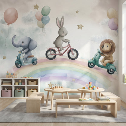 Whimsical Animals Wallpaper Rainbow Balloons Wall Mural