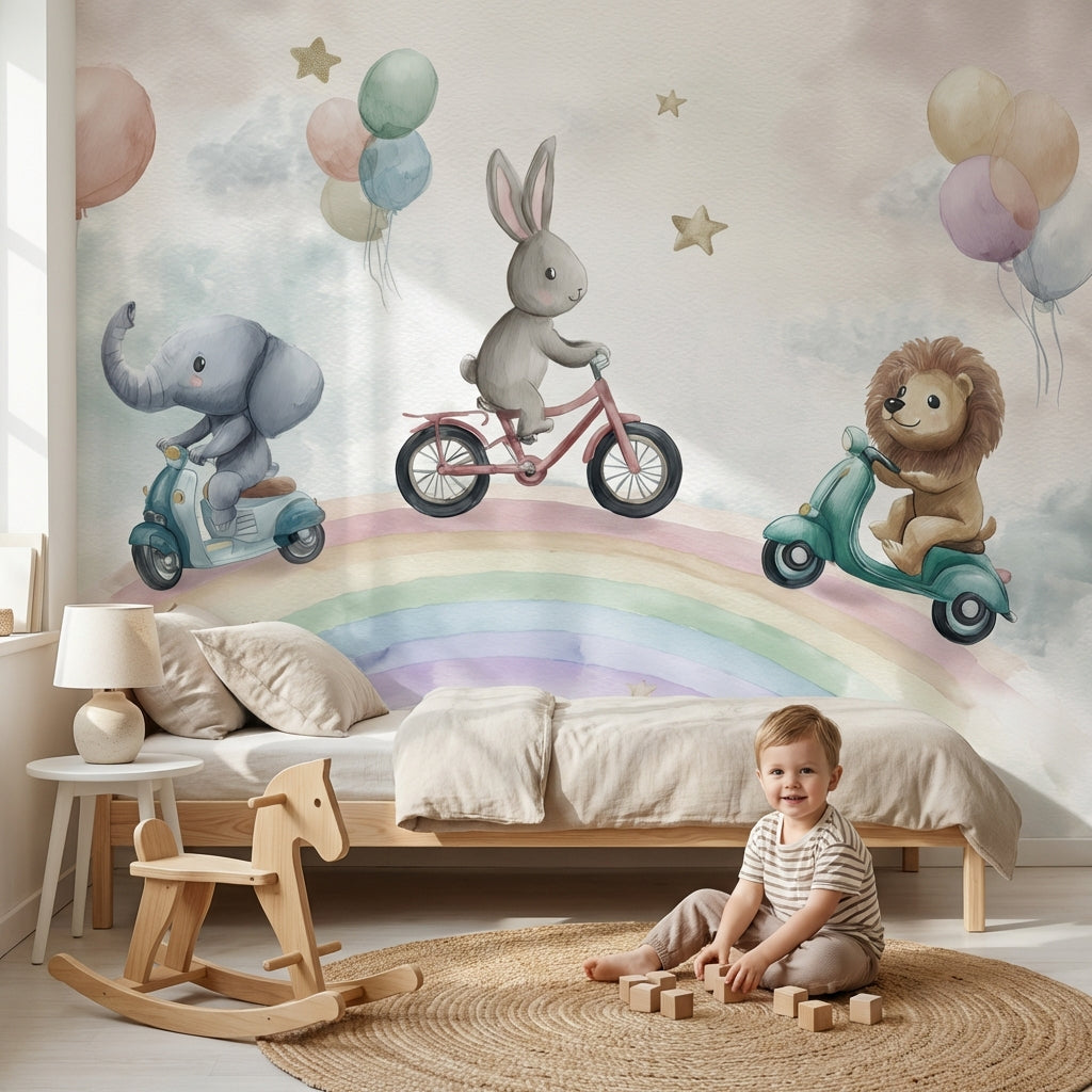 Whimsical Animals Wallpaper Rainbow Balloons Wall Mural