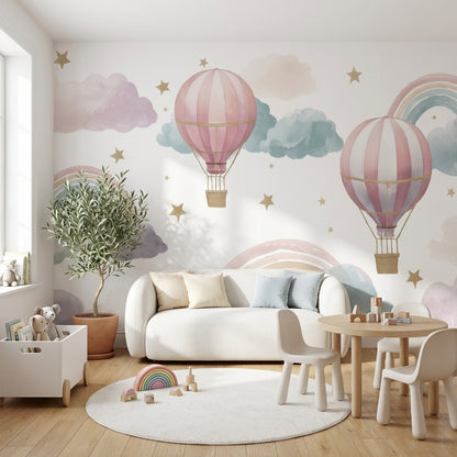 Hot Air Balloons Wallpaper Clouds Removable Rainbow Wall Mural