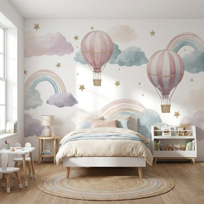 Hot Air Balloons Wallpaper Clouds Removable Rainbow Wall Mural
