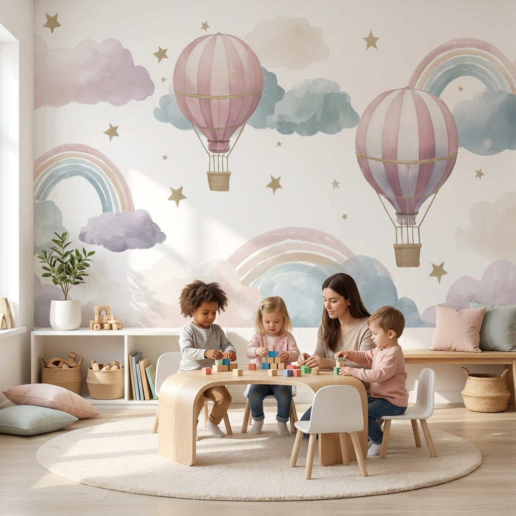 Hot Air Balloons Wallpaper Clouds Removable Rainbow Wall Mural