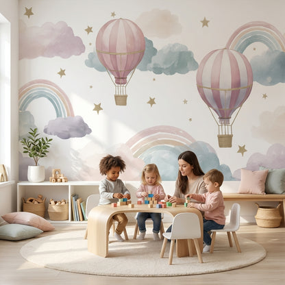 Hot Air Balloons Wallpaper Clouds Removable Rainbow Wall Mural