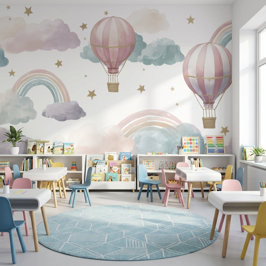 Hot Air Balloons Wallpaper Clouds Removable Rainbow Wall Mural