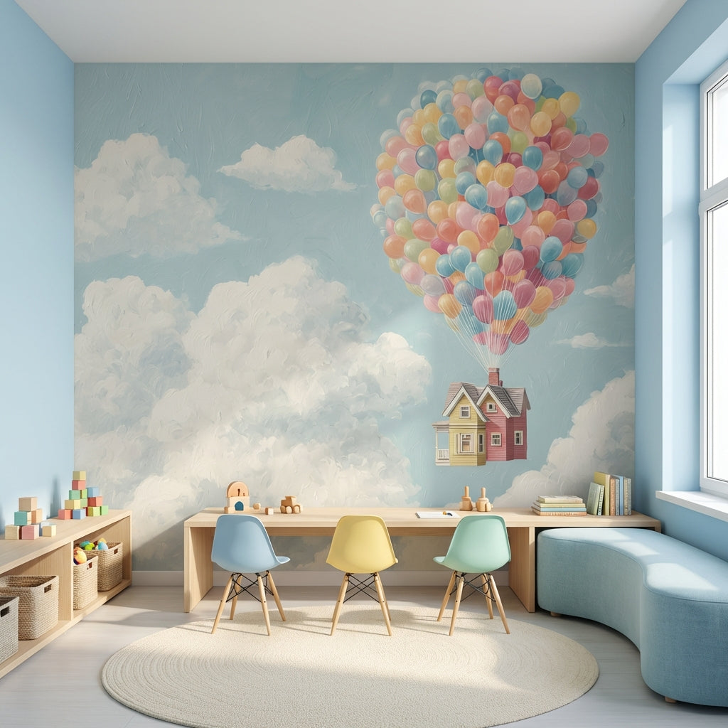 Whimsical Sky Wallpaper Balloons House Removable Wall Decor