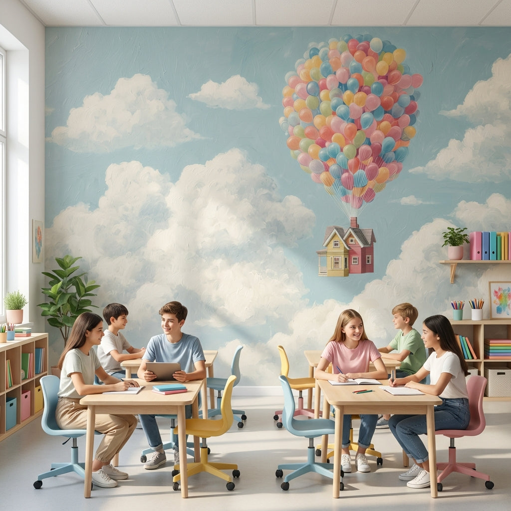 Whimsical Sky Wallpaper Balloons House Removable Wall Decor