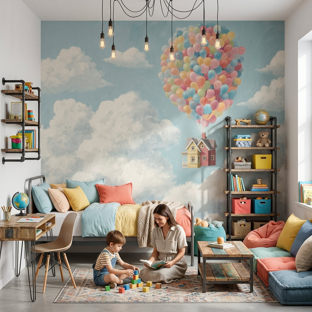 Whimsical Sky Wallpaper Balloons House Removable Wall Decor