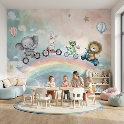Whimsical Rainbow Wallpaper Animals Pastel Removable Wall Decor