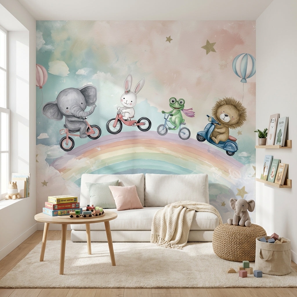 Whimsical Rainbow Wallpaper Animals Pastel Removable Wall Decor