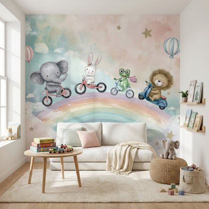 Whimsical Rainbow Wallpaper Animals Pastel Removable Wall Decor