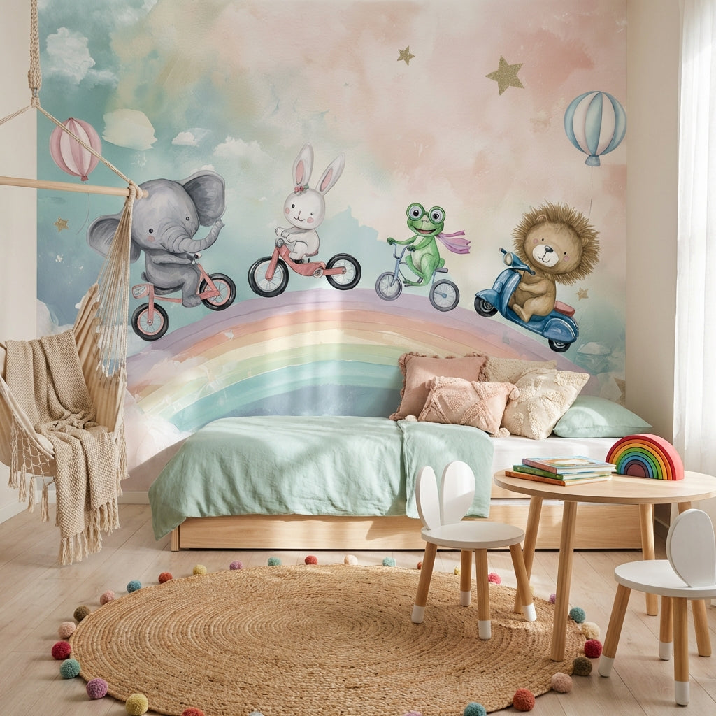 Whimsical Rainbow Wallpaper Animals Pastel Removable Wall Decor