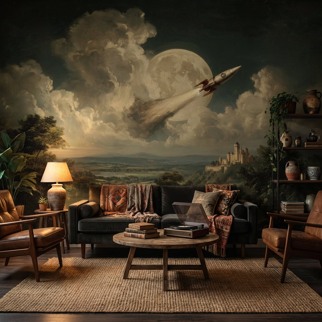 Castle Landscape Wallpaper Rocket Moon Wall Mural