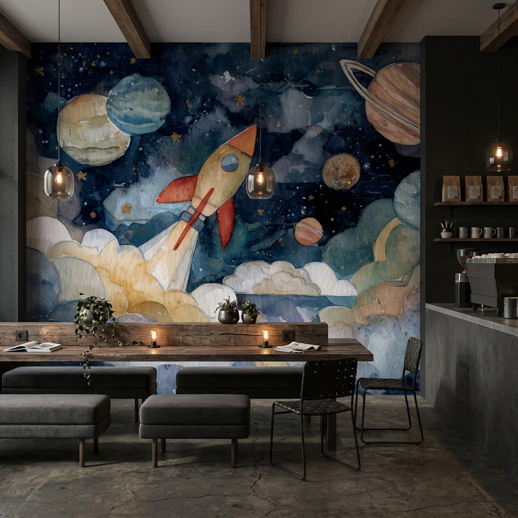 Space Rocket Wallpaper Planets Whimsical Wall Mural