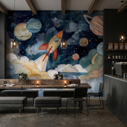 Space Rocket Wallpaper Planets Whimsical Wall Mural