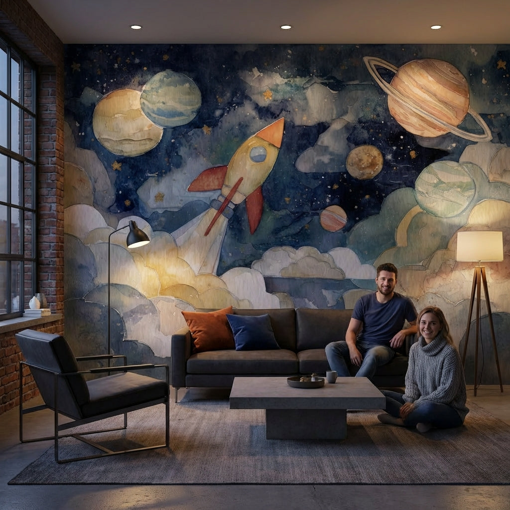 Space Rocket Wallpaper Planets Whimsical Wall Mural